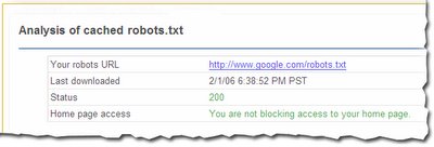 quick view of the analysed robots.txt file in webmaster tools